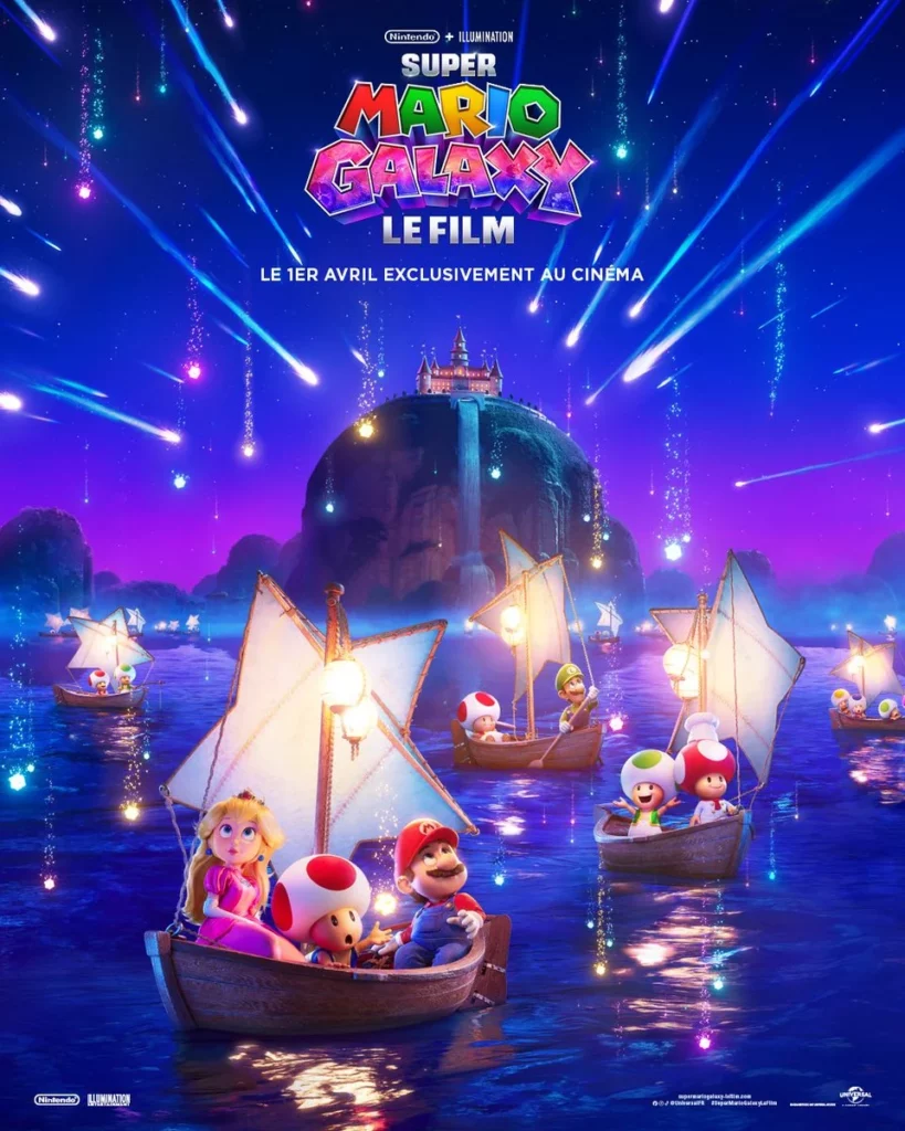 Affiche de Super Mario Galaxy avec des étoiles et Mario et ses amis dans des petits bateaux