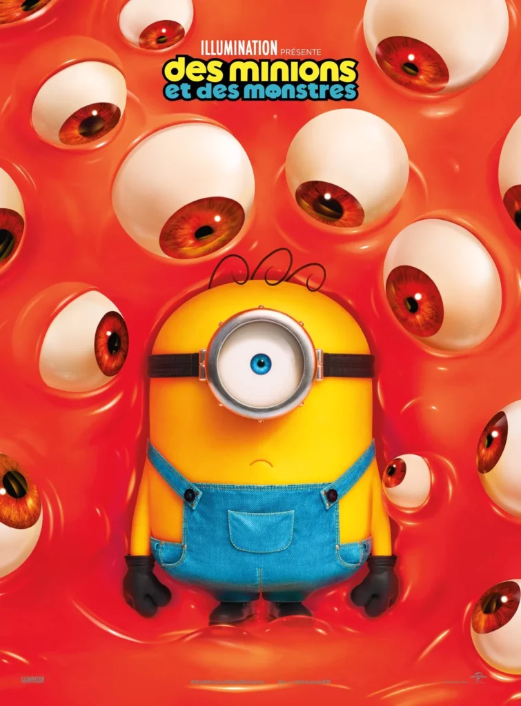 Affiche Des minions et des monstres avec un minion entouré d'yeux qui le regardent